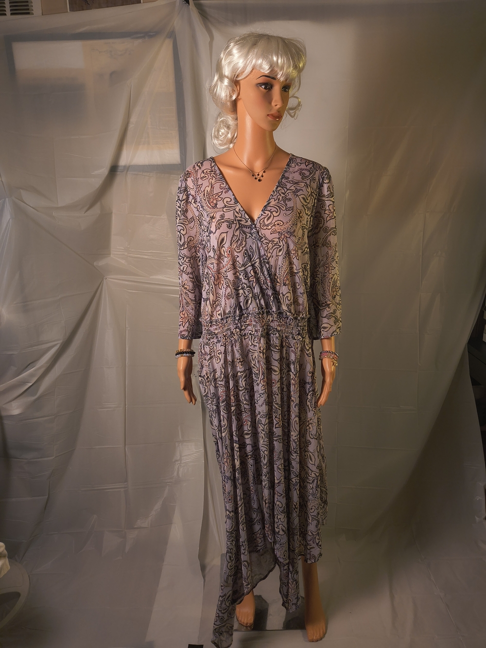 C. Est 1946 Purple Paisley Maxi Dress 18/20W Smocked Waist Boho Handkerchief